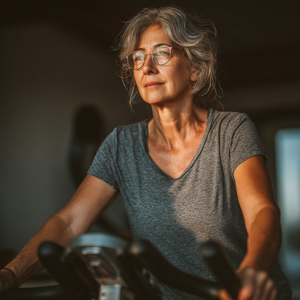 Група людей старшого віку займаються йогою в світлій студії