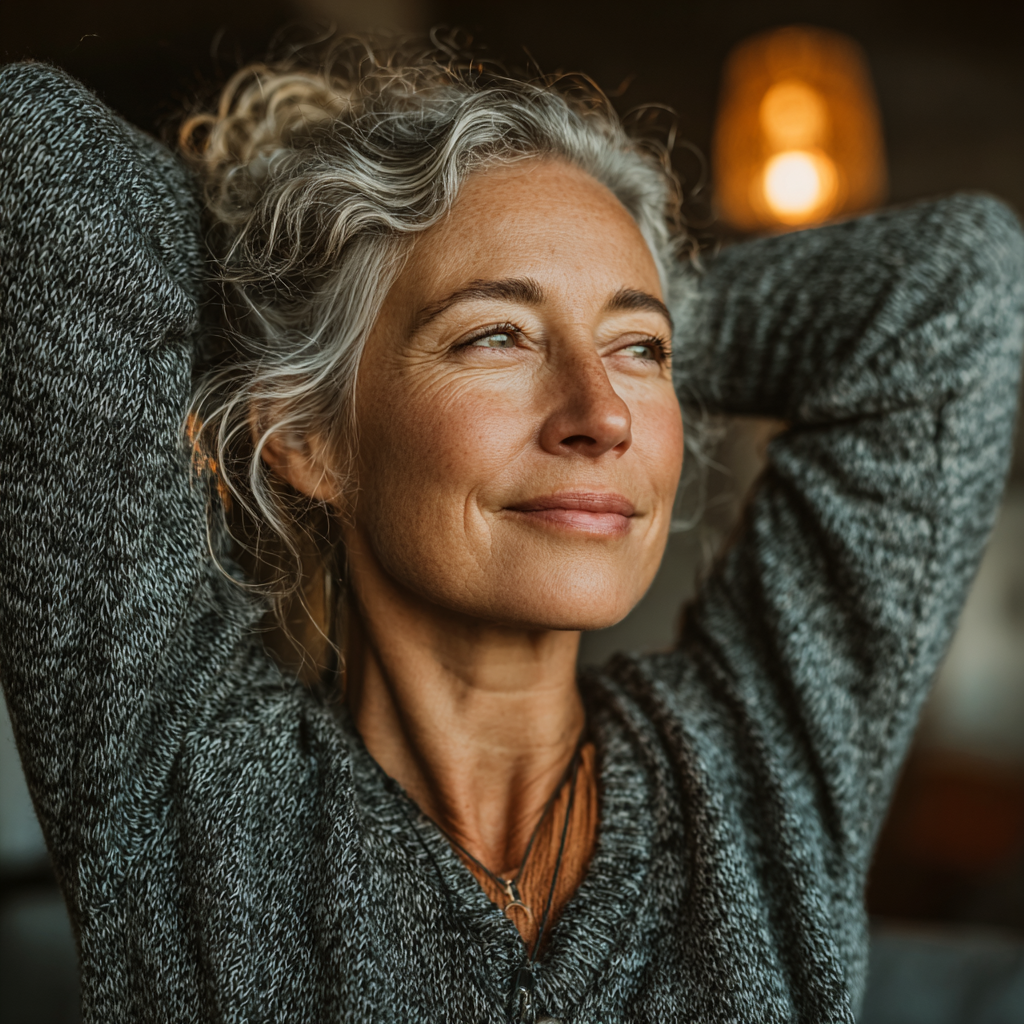 Усміхнена жінка середнього віку виконує вправи з розтяжки в парку